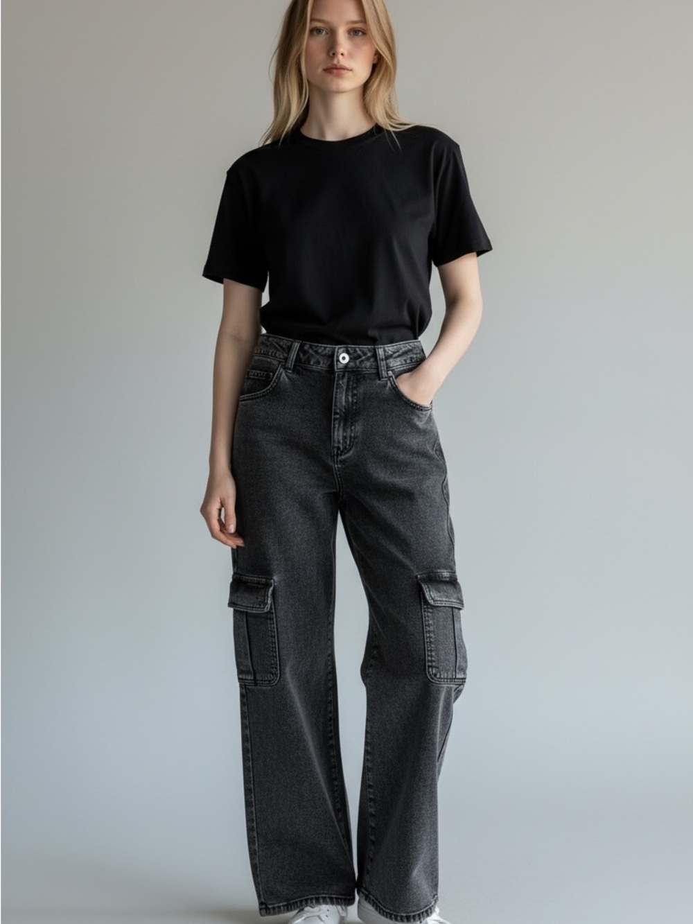 High-Rise Black Wide-Leg Cargo Jeans
